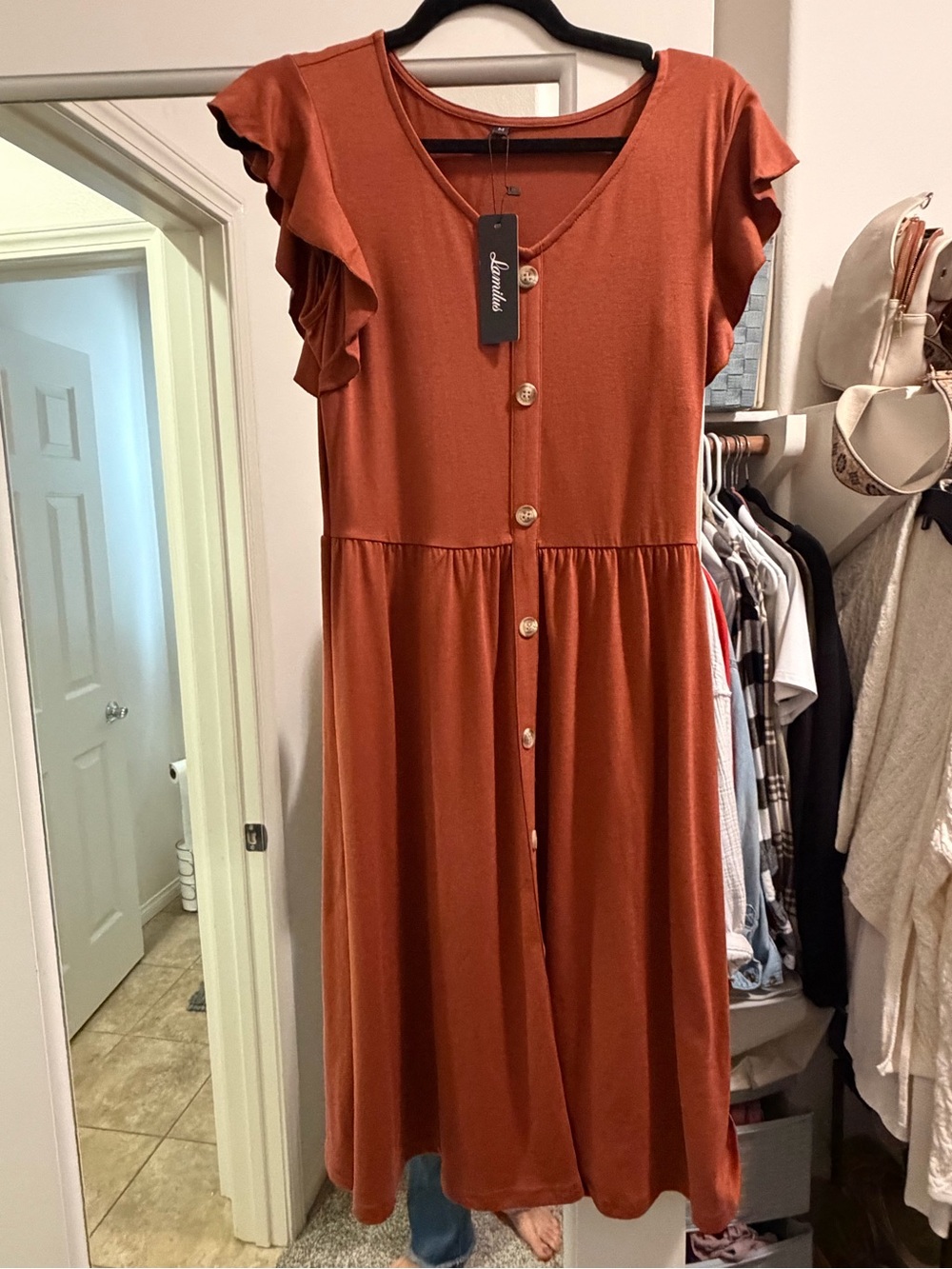 Rust Button-Front Midi Dress with Flutter Sleeves